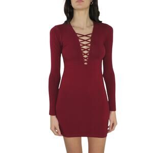 Express Burgundy Wine Red  Long Sleeve Lace Up Caged Body Con Dress Small